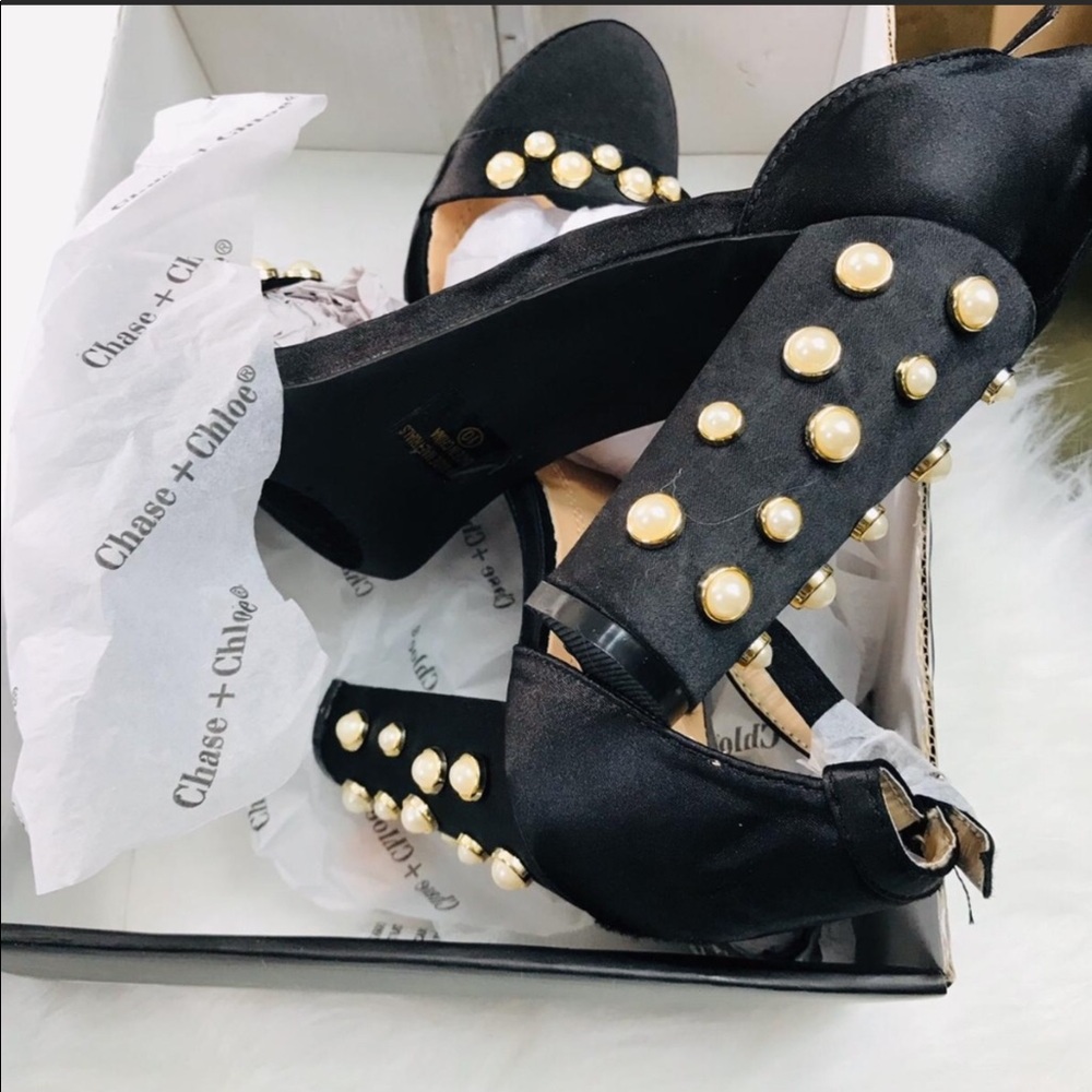 Black satin pearl chunky heel size 10